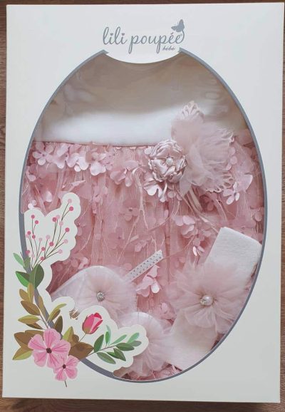 sukienka do chrztu biało różowa pudełko