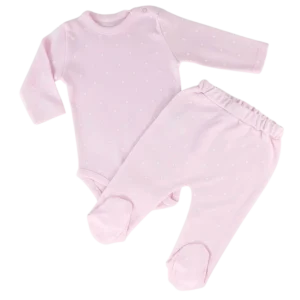 komplet niemowlęcy: body i półśpiochy różowy w białe serduszka