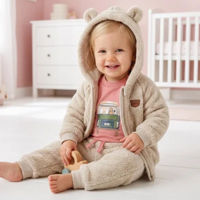 futerkowy komplet dresowy dla niemowlaka z bluzeczką beżowy