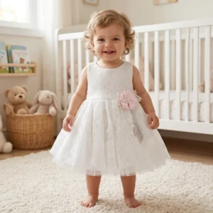 biała sukienka niemowlęca bez rękawów z kwiatkiem