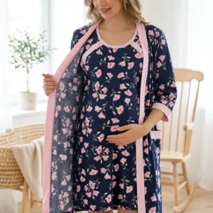 szlafrok i koszula do karmienia granatowy w kwiaty