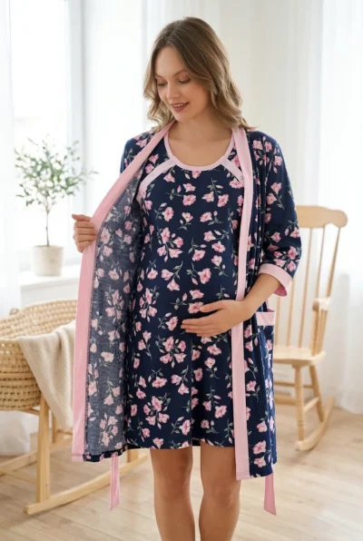 szlafrok i koszula do karmienia granatowy w kwiaty