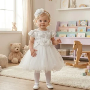 sukienka do chrztu z krótkim rękawem – biała