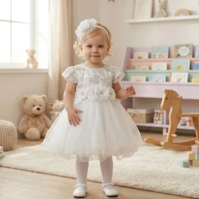 sukienka do chrztu z krótkim rękawem – biała