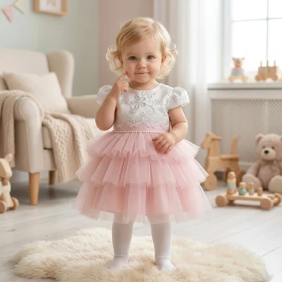 Sukienka do Chrztu tiulowa - różowa