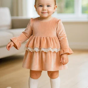 elegancka sukienka dla dziewczynki welurowa beżowa