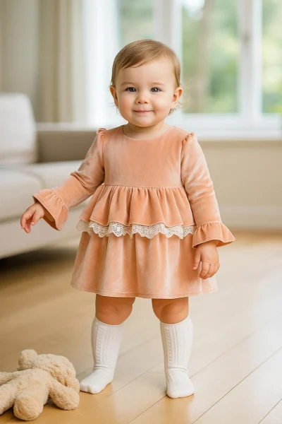 elegancka sukienka dla dziewczynki welurowa beżowa