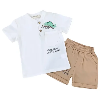 komplet koszulka i spodenki dla chłopca - beż, letnie ubranka dla niemowląt