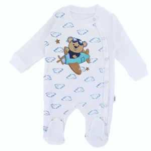 pajacyk ażurkowy dla niemowląt - biały miś lotnik letnie ubranka dla niemowląt