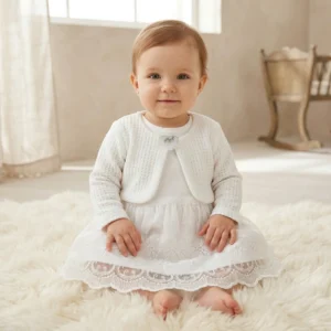 Sukienka do Chrztu z bolerkiem - biała z długim rękawem