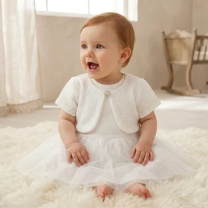 sukienka do chrztu z bolerkiem biała z krótkim rękawem sukieneczki do chrztu