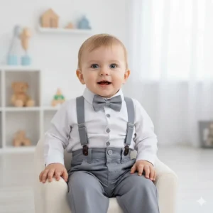 Elegancki szary komplet dla chłopca ubranko do Chrztu dla chłopca