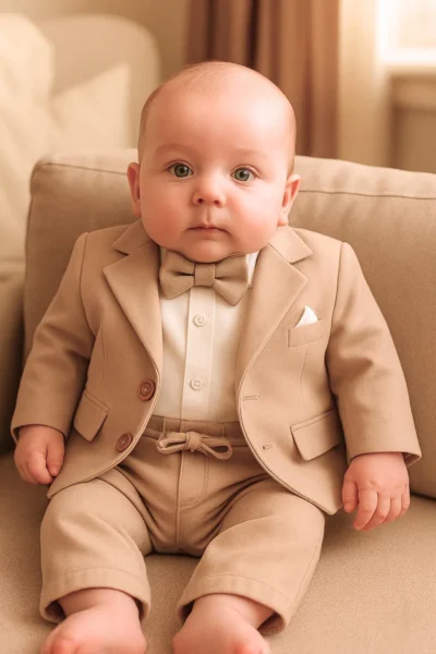 ubranko do Chrztu dla chłopca Beżowy garnitur niemowlęcy do chrztu