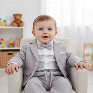 Szary garnitur niemowlęcy do chrztu ubranko do Chrztu dla chłopca