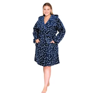 szlafrok granatowy polarowy z kapturem plus size