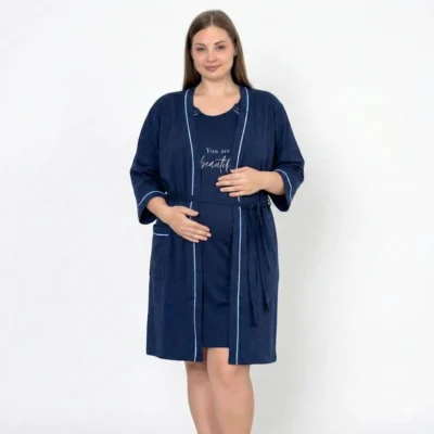 Bawełniany komplet szlafrok i koszula do karmienia plus size - granatowy szlafrok