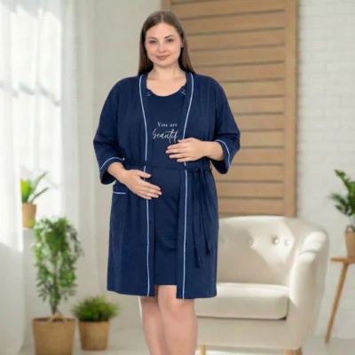Bawełniany komplet szlafrok i koszula do karmienia plus size - granatowy szlafrok