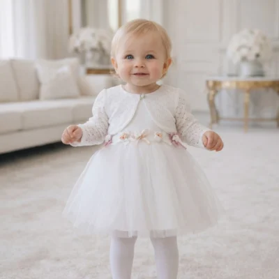 Biała sukienka na chrzest z bolerkiem koronkowym