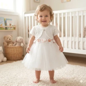 Sukienka do Chrztu z krótkim rękawem kwiatami i bolerkiem