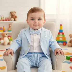 Błękitny garnitur dla niemowlaka ubranko do chrztu dla chłopca