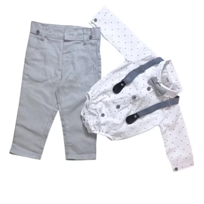 Elegancki szary strój dla chłopca ubranko do Chrztu dla chłopca