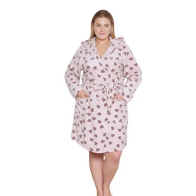 Szlafrok plus size ciążowy polarowy z kapturem - różowy
