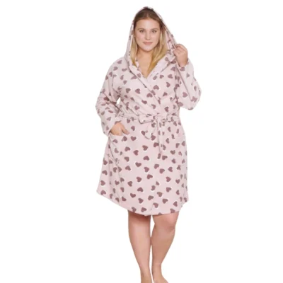 Szlafrok plus size ciążowy polarowy z kapturem - różowy